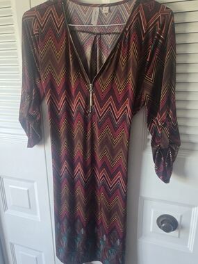 Tacera Chevron-Print Midi Dress in Burgundy, Teal, Mustard